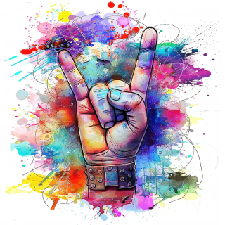 Main signe rock en style pop art avec éclaboussures de peinture multicolores