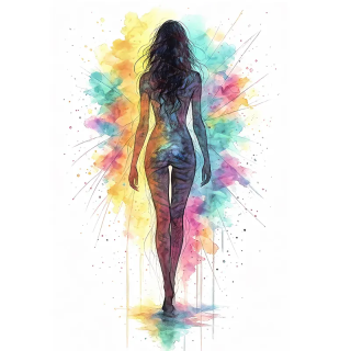 Silhouette artistique féminine en aquarelle avec éclats de couleurs vives